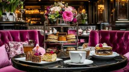 Naklejka premium Elegant afternoon tea setting with pastries, scones, tea, and flowers on a three-tiered stand.