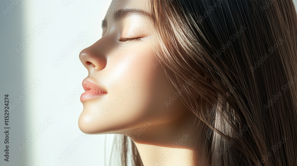 Aufkleber 若い綺麗なアジア人女性モデルの横顔。日差しを浴びて輝いている美肌にフォーカスした美容ポートレート。