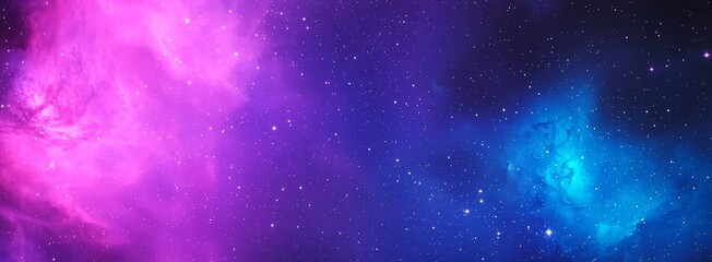 Naklejka premium A vibrant cosmic scene featuring swirling purple and blue nebulae against a starry background.