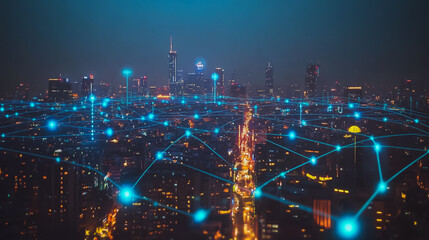 Obraz premium Abstract businesswoman stands on the peak of success Smart digital city with connection cyber security network reciprocity over the cityscape future wireless digital city and social media networking