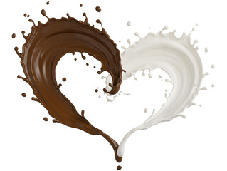 Splash of chocolate and milk flow mixed in Heart Shape  Cutout