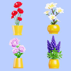 Cute house garden with plant in flower pot 3d render set. Red poppy, rose, lupine, plumeria in vase for home, office, spa. Isolated pink peony, tropical frangipani tree interior decor. 3D illustration