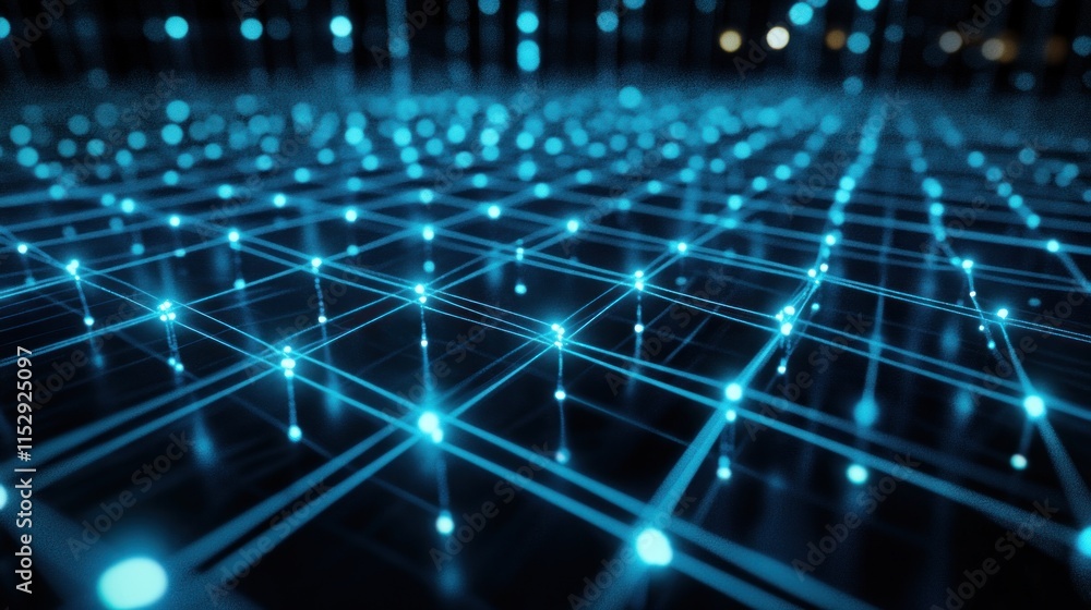 Poster abstract digital network grid with glowing nodes.