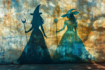 Illustration of the silhouettes of a good witch and a bad witch holding wands.