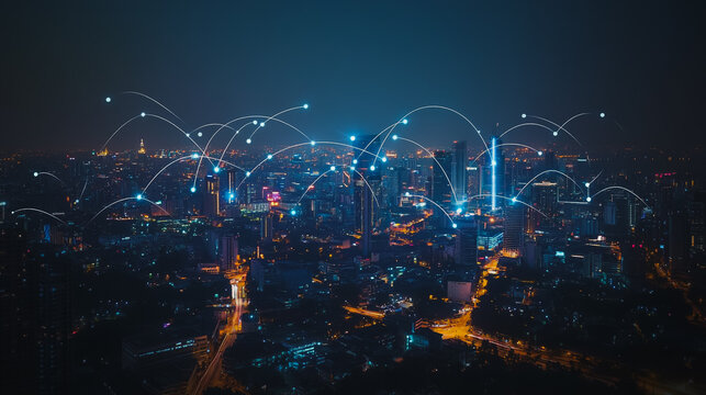 Abstract businesswoman stands on the peak of success Smart digital city with connection cyber security network reciprocity over the cityscape future wireless digital city and social media networking