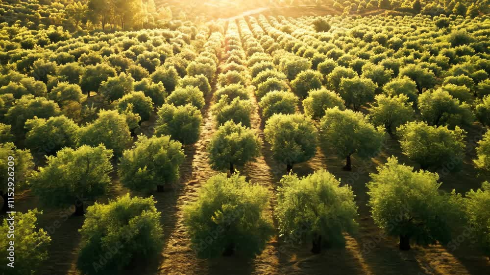 Poster a view from above showcasing a vast expanse of trees with the sun shining brightly in the background
