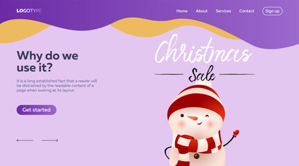 Christmas Sale landing page design with snowman. Cartoon snowman in hat and scarf winking and waving hand. Vector illustration can be used for sales, online shops, special offer
