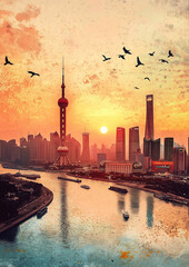 Shanghai post card view sunset the bund