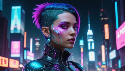 Obraz premium Cyberpunk woman with futuristic headset, intense gaze.generative ai