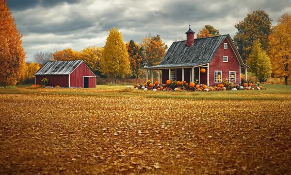 Autumnal Farm Scene with Red Barn, Farmhouse, and Pumpkins