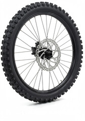 Close-up of an off-road bicycle wheel with a knobby tire and disc brake.