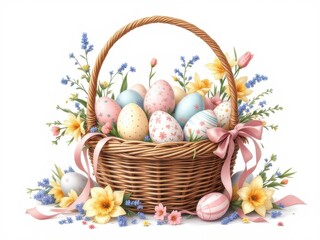 Easter basket with eggs and flowers. Perfect for spring and Easter projects.