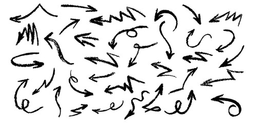 Black crayon arrows set. Wax pencil drawing grafitti elements on white wall. Collection of vector charcoal outline symbols of direction indicators. Graffiti lightning icons Children drawing style.