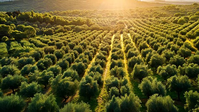 This video captures an aerial perspective of an olive grove, bathed in the warm hues of a sunset, An expansive olive grove under the summer sun seen from above