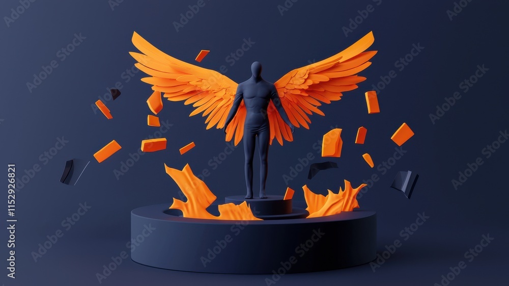Poster dynamic sculpture of winged figure with fiery elements studio setting 3d artwork artistic perspectiv