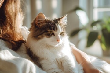 Fototapeta na wymiar Pet owner brushing their catâ€™s fur in a bright living room, natural light streaming through large windows 