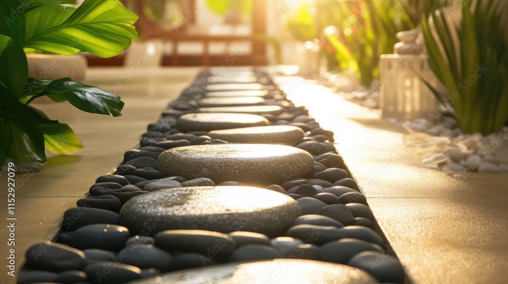 Poster tranquil stone walkway surrounded by lush greenery creating a serene atmosphere in a spa or relaxati