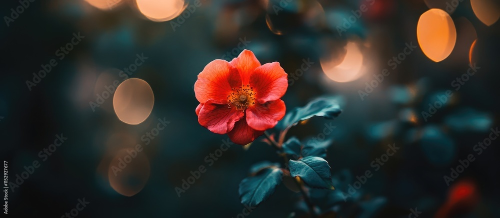 Poster macro shot of vibrant red rose against a dark background with soft bokeh lights creating a romantic 