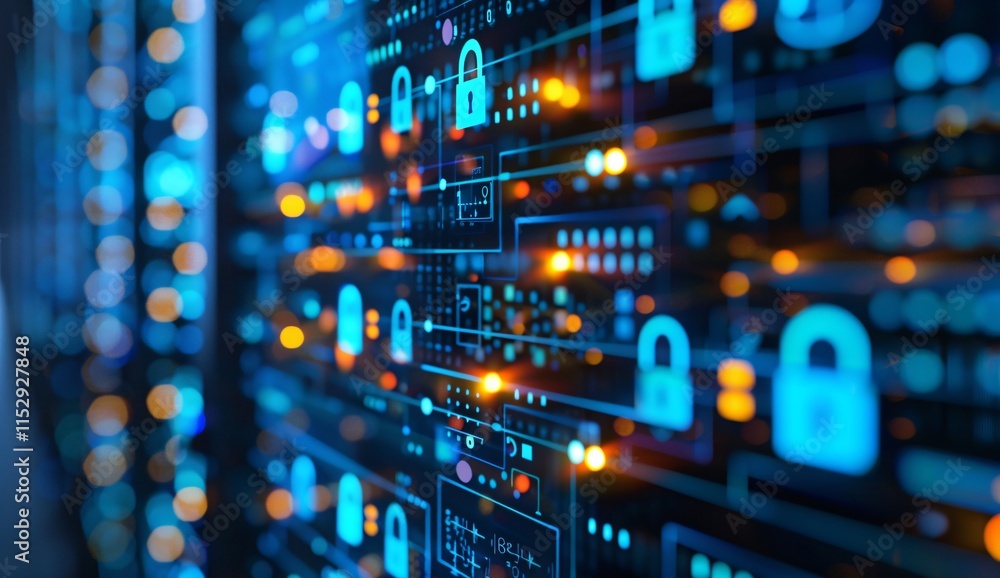 Aufkleber close up of an abstract digital screen displaying hologram background with glowing light