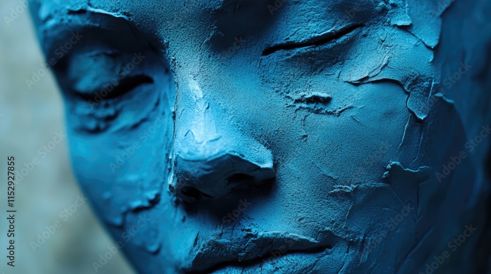 Poster blue sculpted face with textured details symbolizing artistic expression and creativity, suitable fo