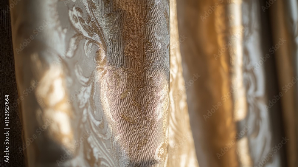 Poster elegant sheer curtain detail showcasing intricate patterns illuminated by natural light creating a w