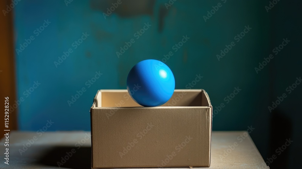 Poster matte blue sphere positioned above a simple cardboard box on a textured surface in a softly lit room