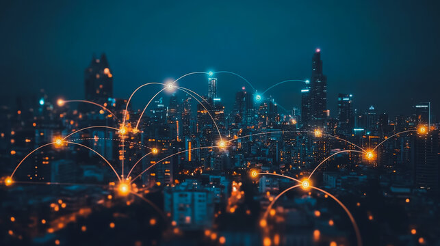 Abstract businesswoman stands on the peak of success Smart digital city with connection cyber security network reciprocity over the cityscape future wireless digital city and social media networking