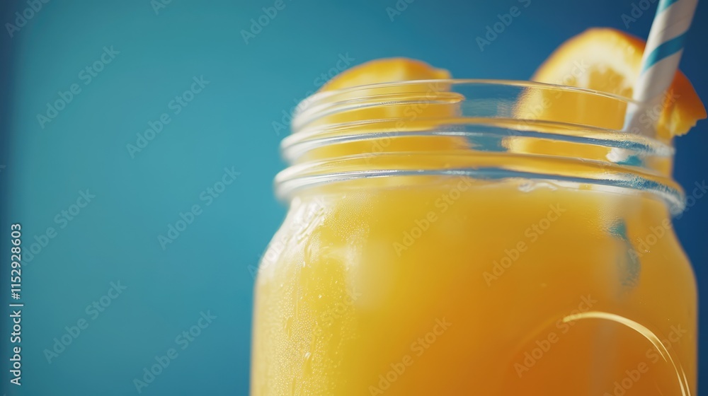 Poster refreshing mason jar filled with fresh orange juice and straw against a vibrant background with oran