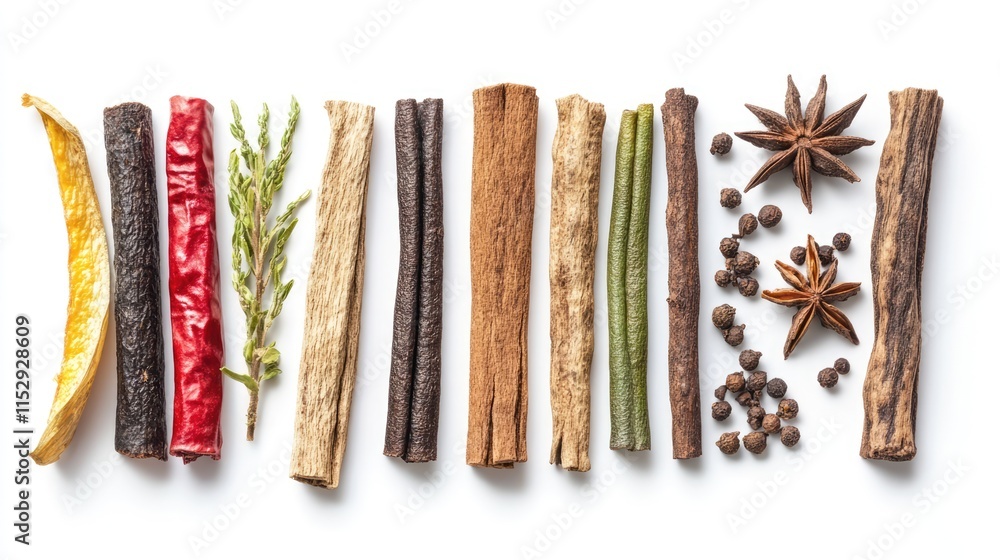 Poster assorted masala sticks and spices arranged on a white background showcasing diverse textures and col