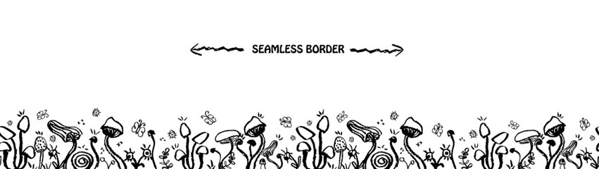 Fantasy mushrooms seamless border. Line art funny floral elements, butterfly. Mushroom sketch wallpaper in 1960s,1970s style in black outline stroke. Vector groovy background drawn by crayon pencil.