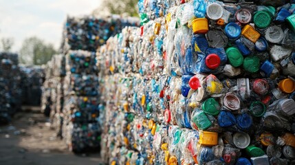 Recycled plastic waste stacked in bales for processing in a sustainable materials facility