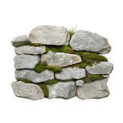 Stone wall fence with moss isolated on transparent background.