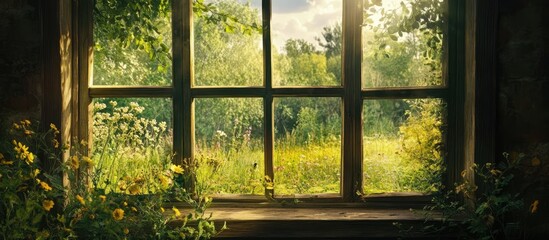 Serene View of Lush Green Meadow Through Rustic Window Surrounded by Nature's Beauty and Vibrant Flowers