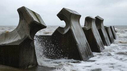 Concrete breakwaters shielding coastline from powerful sea waves ensuring coastal protection and erosion prevention along the shore.