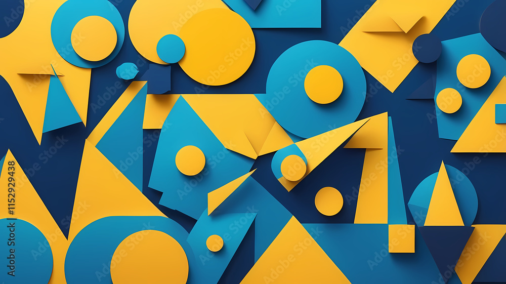 Poster abstract geometric shapes in blue and yellow: a mesmerizing collage of blue and yellow geometric sha
