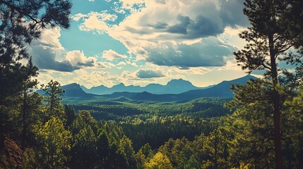 Obraz premium Majestic Mountain Range Viewed Through Forest Canopy