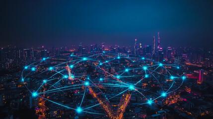 Naklejka premium Abstract businesswoman stands on the peak of success Smart digital city with connection cyber security network reciprocity over the cityscape future wireless digital city and social media networking