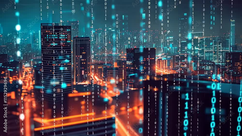 Poster a cityscape with data floating over it, an video of a binary code filled city during the night