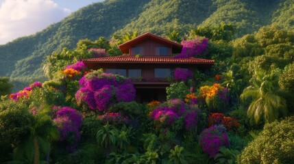 Lush Tropical House Nestled in Vibrant Mountainside Garden