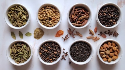 Masala tea ingredients displayed with an array of aromatic spices in white bowls on a light background for creative culinary use.