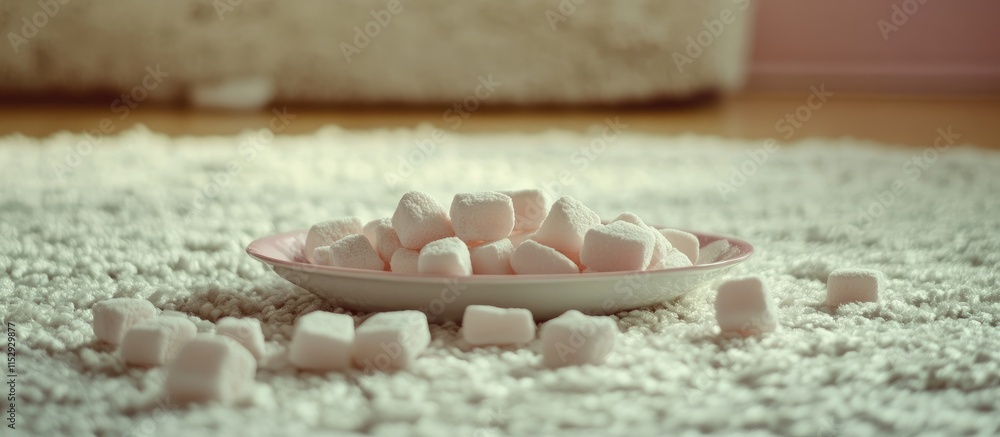 Poster marshmallows arranged on a plate with scattered sweets on a soft carpet background creating a cozy a