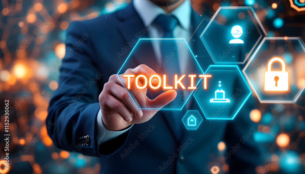 Poster digital toolkit technology concept, cybersecurity tools and resources, business technology solutions
