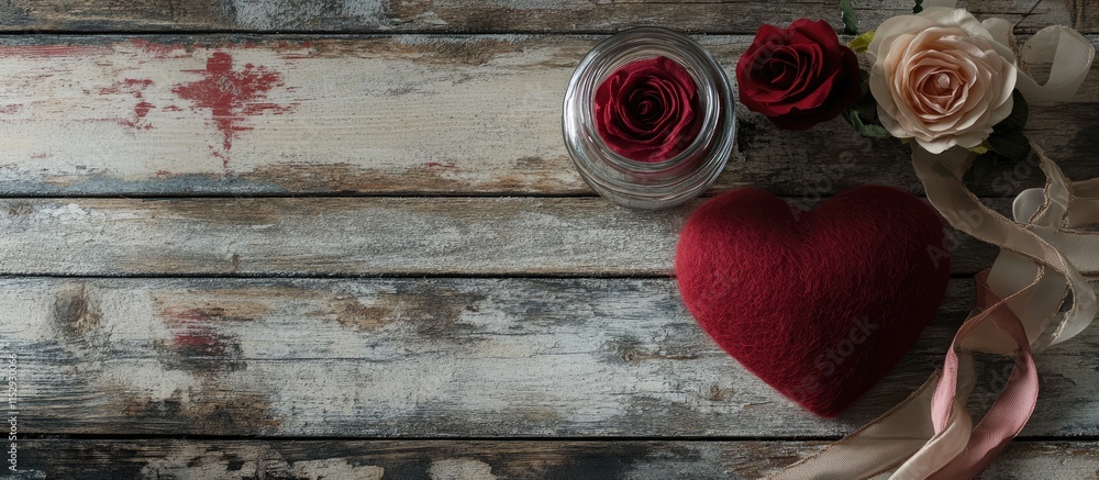 Poster romantic love arrangement with red felt heart and roses in glass jar on rustic wooden background wit