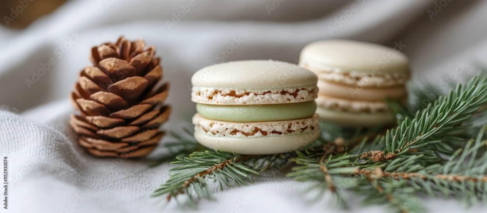 Poster macarons with pine cone and spruce branch on soft linen background for festive culinary presentation