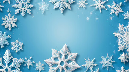 Winter Wonderland: A delicate arrangement of snowflakes, in various sizes and shapes, frames a serene blue background.