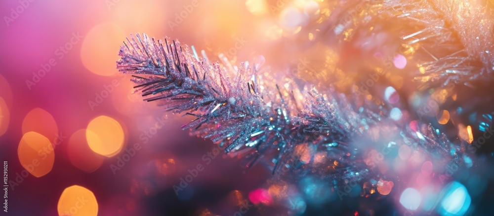 Poster close-up of shimmering christmas tree ornamentation with colorful bokeh lights creating a festive ho