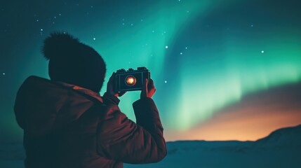 A person captures the northern lights with a camera against a colorful night sky.
