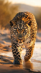 A fierce leopard by the pond in the desert