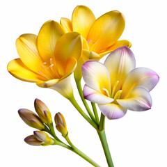Fototapeta premium A freesia flower isolated on a transparent background, showcasing its elegant petals in vibrant shades of yellow, pink, or purple.