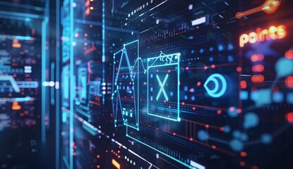 Close up of an abstract digital screen displaying hologram background with glowing light